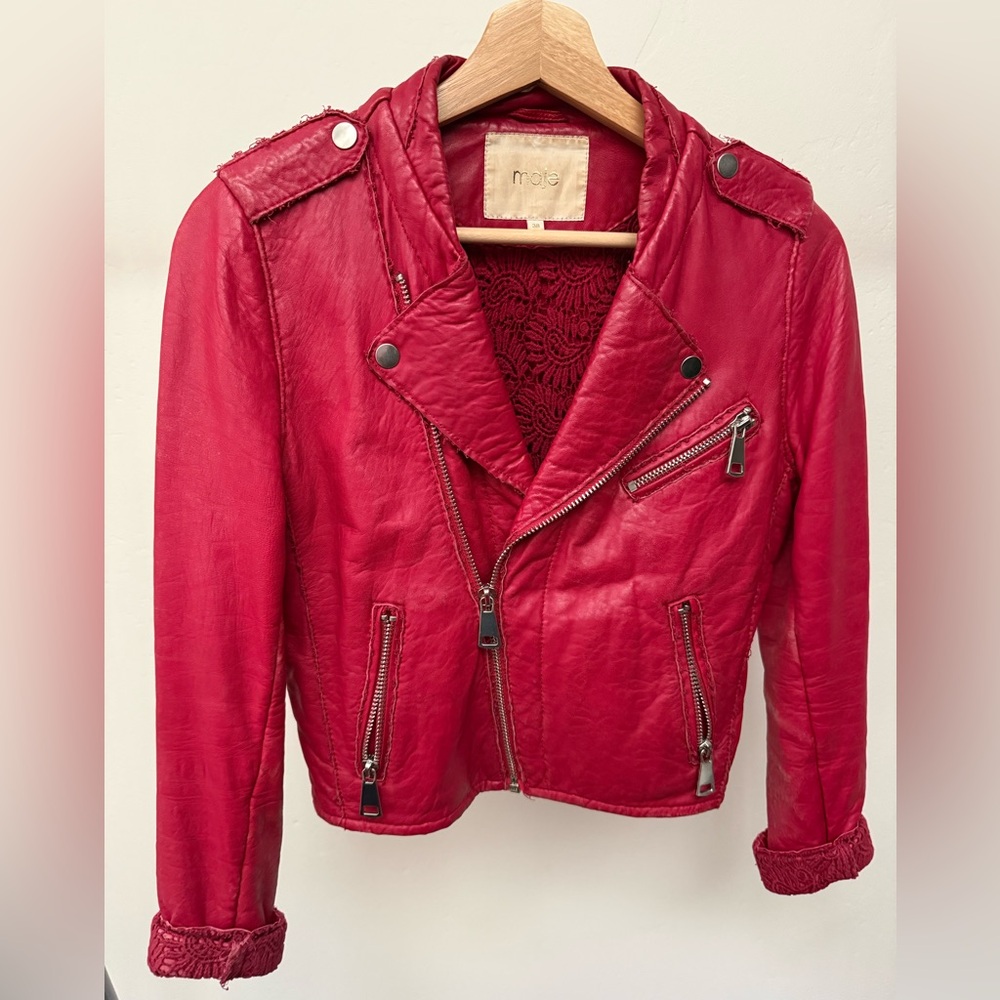MAJE Leather Motorcycle Jacket in Red Lambskin, VGUC